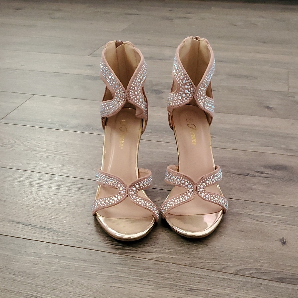 Elegant Rhinestone Embellished Tan Heels